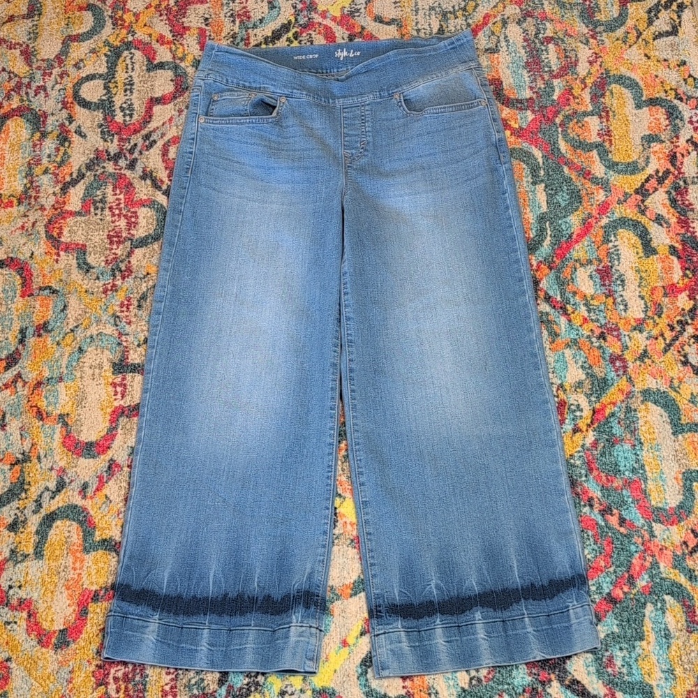 Style & Co Wide Crop pull on jeans with tie-dye detail at hem size M